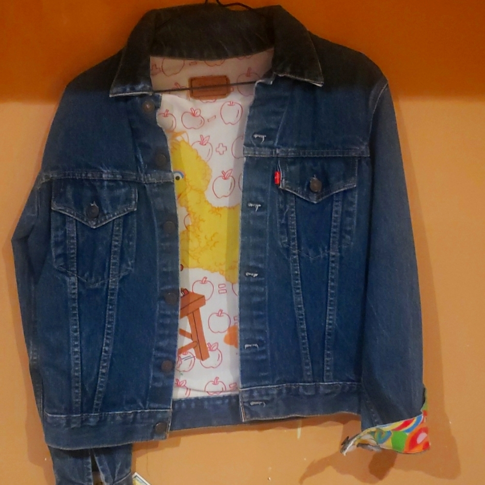 Vtg Levis Denim Jacket Reworked Sesame Street Material Vtg